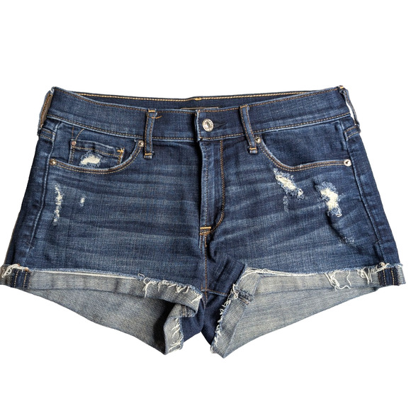 Abercrombie & Fitch Womens Boho Distressed Dark Rinse Cuffed Denim Shorts SZ 27 - Picture 1 of 7